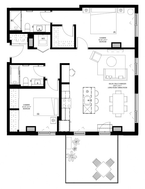 Floor plan for 2 beds, 2 baths, 1037 sqft
